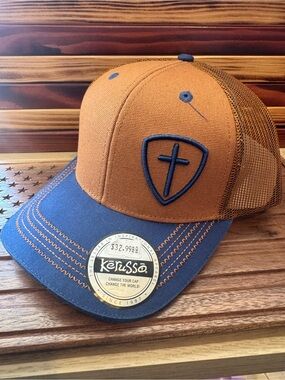 Kerusso Two-Tone Brown and Blue Trucker Hat with Cross Patch Jesus